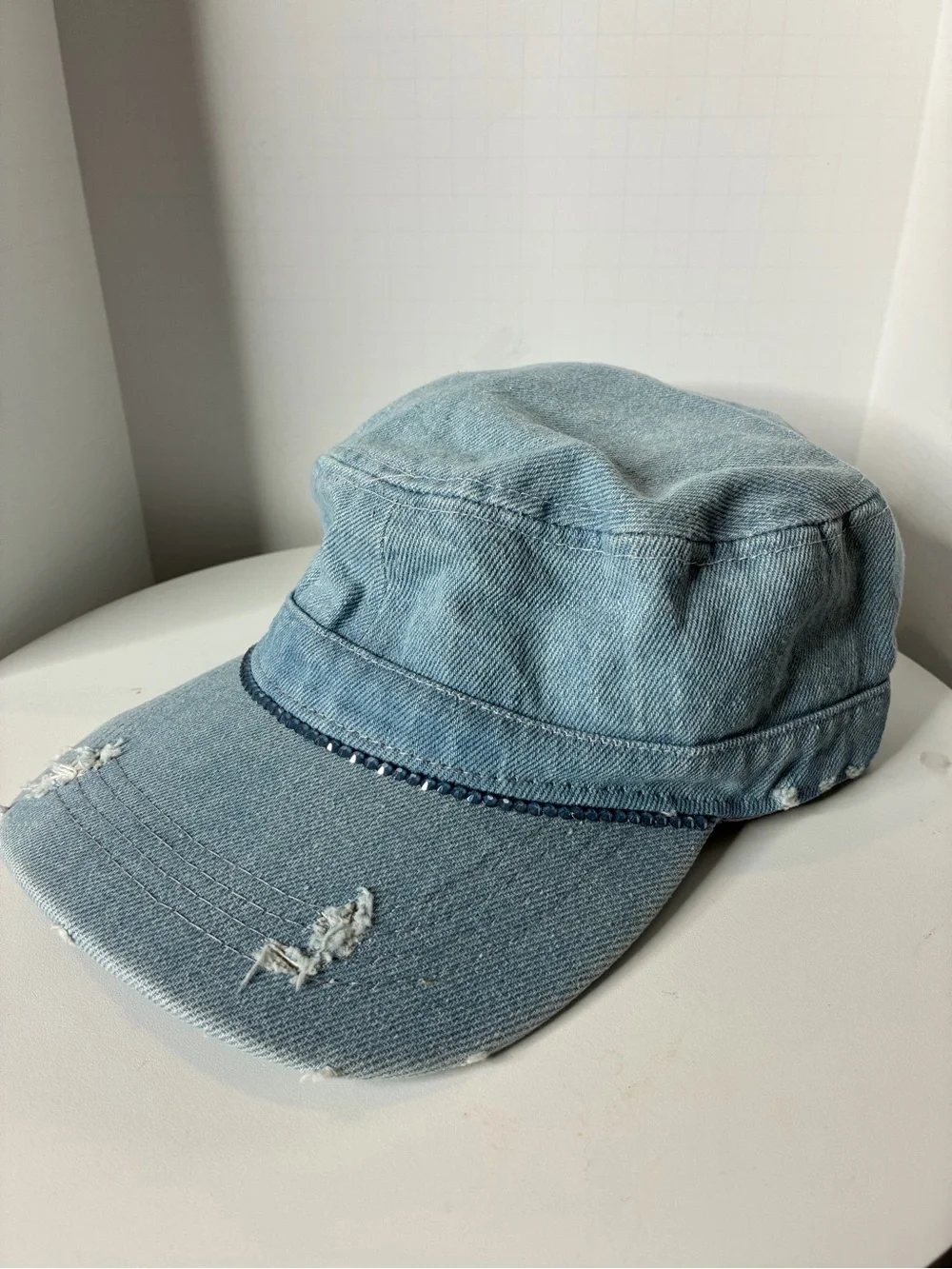 Denim Distressed Military Cap - Light Blue